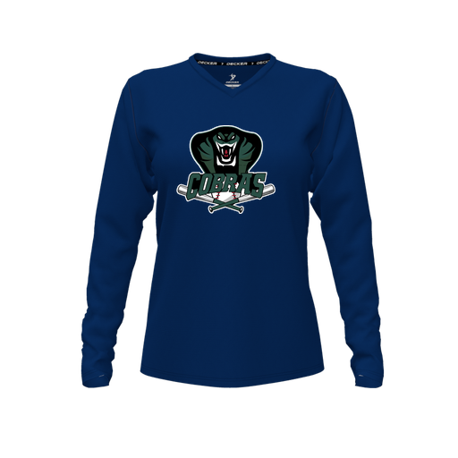 [CUS-DFW-TEES-CMF-VNK-LSL-NVY-FYXS-LOGO2] Decker Comfort T-Shirt (Female Youth XS, Navy, V Neck, Logo 2, Long Sleeve)